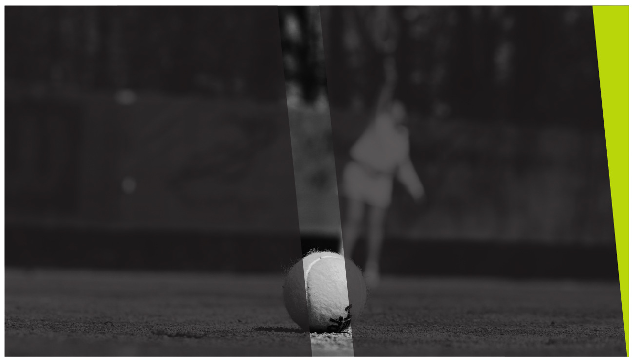 Moody black-and-white image of a tennis ball with player serving in background